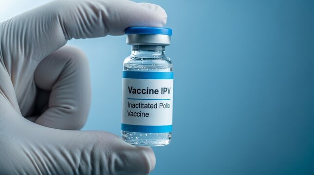 Medical professional holds glass vial of inactivated polio vaccine ipv injection dose for immunization program against infectious viral disease isolated on professional blue background.