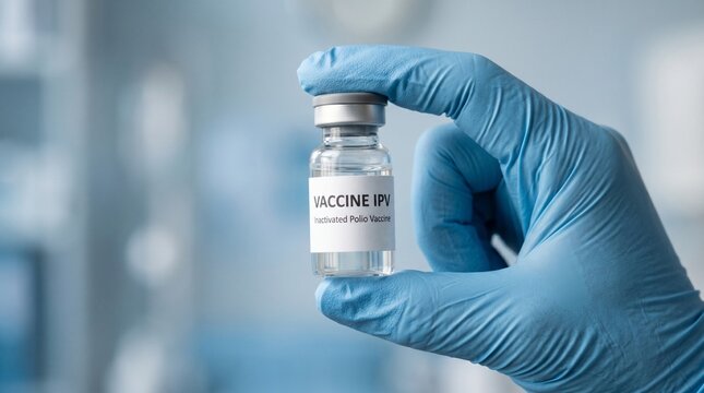 Medical professional wearing blue surgical gloves holds glass vial of inactivated polio vaccine ipv injection dose for immunization against infectious virus on blue background.
