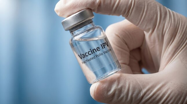 Medical professional wearing white protective glove holds glass vial of inactivated polio vaccine ipv injection dose for immunization against infectious virus blue background.
