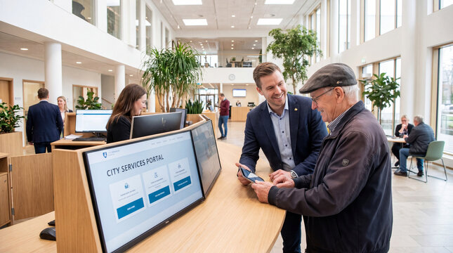 Modern Citizen Service Center with Staff Assisting Elderly Man