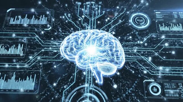 Digital representation of the human brain with data streams and visual elements