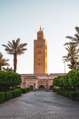 Fototapeta premium Kutubiyya Mosque is located in Marrakesh, Morocco. The setting sun lights up the mosque tower and surrounding palm trees. Visitors walk the path beside gardens and enjoy the scene.