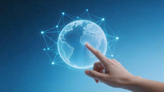 Hand touching digital globe with network connections