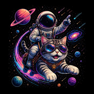 Astronaut cat riding through space