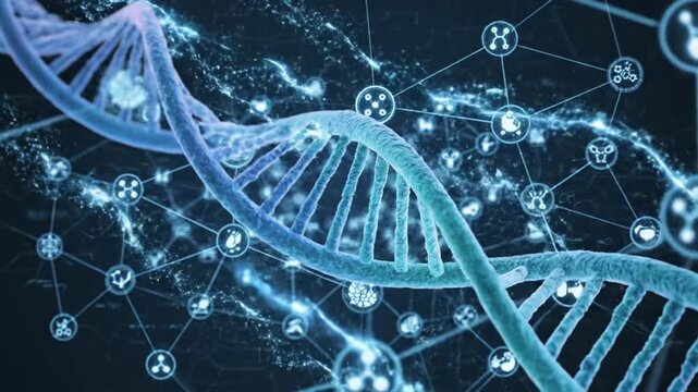 Abstract dna strand with futuristic network connections on dark background