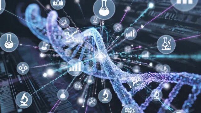 Abstract dna strand with scientific icons for biotechnology and research