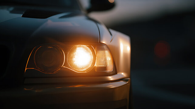 Close-up detail of a modern car's bright yellow headlight illuminated at dusk, showcasing automotive design elements in a soft evening light