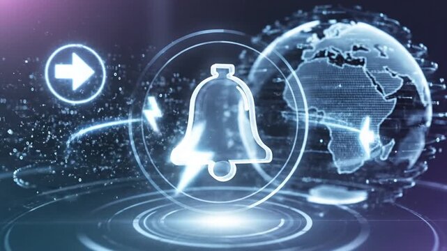 Digital alert notification symbol with earth globe and lightning energy