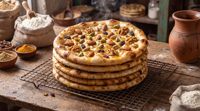 Stack of golden brown pancakes or nan with toppings on rustic wooden table in warm kitchen setting