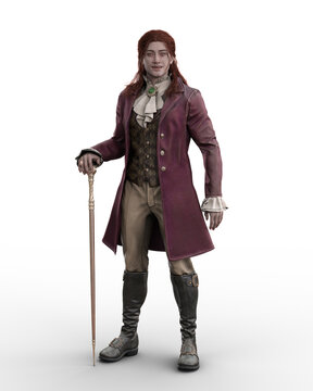 Supernatural fantasy vampire man standing in Victorian suit with a walking cane. Isolated 3D render book cover art.