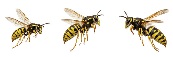 Three Flying Yellowjackets or Wasps in Action Poses Isolated on White Background. High-Resolution Macro Nature Stock Photography for Ecological, Pest Control, Scientific, Educational, and Creative Gra © michael