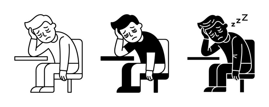 Boredom, Fatigue, and Sleepy Student Icons, Vector Set