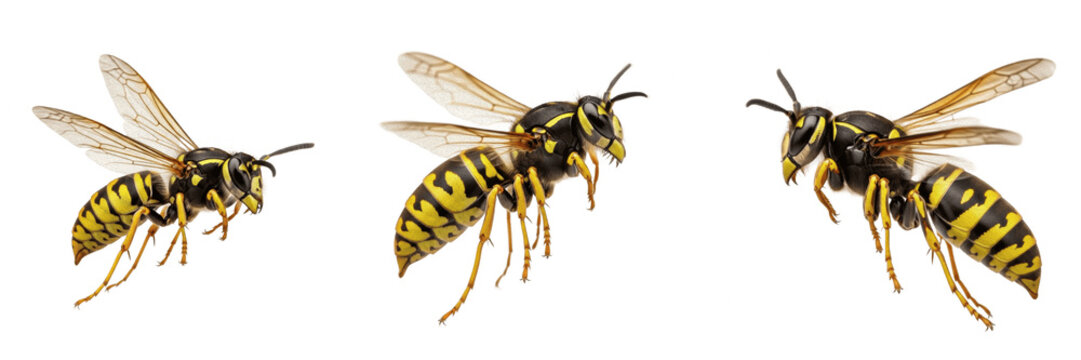 Three Flying Yellowjackets or Wasps in Action Poses Isolated on White Background. High-Resolution Macro Nature Stock Photography for Ecological, Pest Control, Scientific, Educational, and Creative Gra