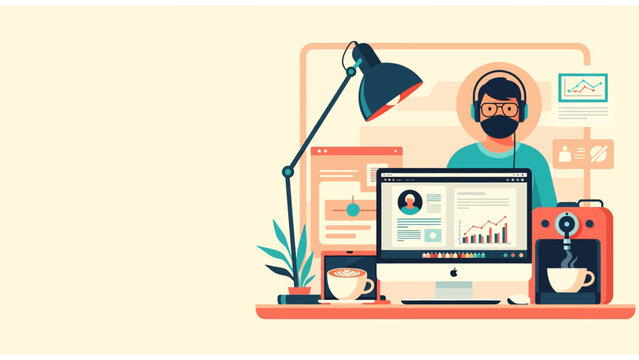 Remote Work and Home Office Illustration with Freelancer, Data Analytics, and Coffee Machine in Flat Design Style