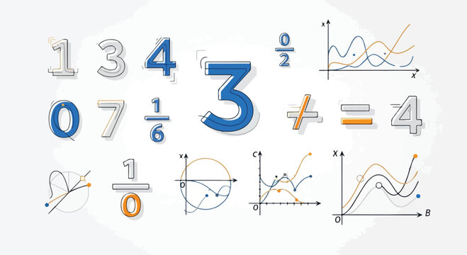 Mathematics concept illustration with various equations, numbers, and graphs on a white background with a mix of blue, orange, and grey colors.