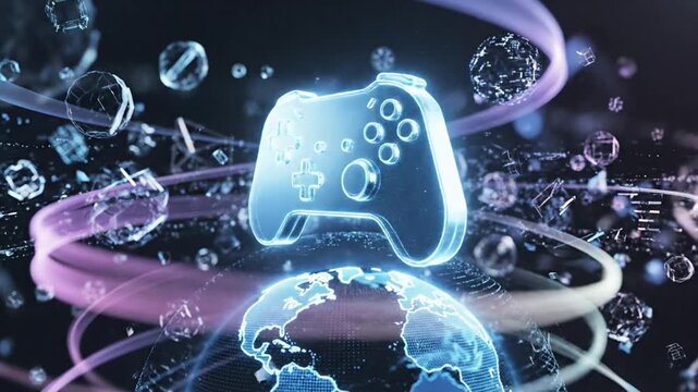Neon illuminated game controller above earth globe in digital display