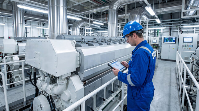 Engineer inspecting advanced industrial machinery in modern factory with precision tools