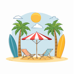 Obraz premium Tropical Beach Scene with Palm Trees, Surfboards, and Lounge Chairs