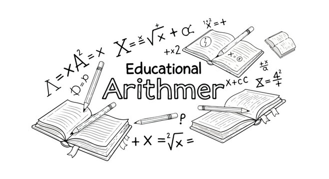 Colorful illustration of an open book with math equations surrounded by colored pencils and floating mathematical symbols on a white background.