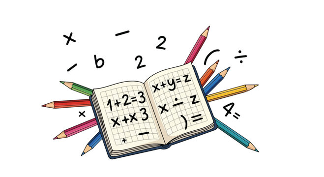 Colorful illustration of an open book with math equations surrounded by colored pencils and floating mathematical symbols on a white background.