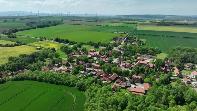 Drone footage showing Gemeinde Huy Vogelsdorf in the Harz region, Germany
