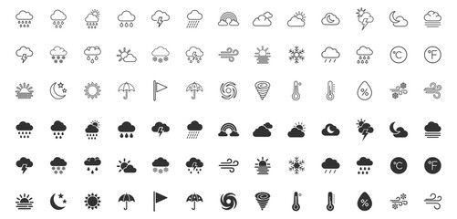 Fototapeta premium weather icons set line and solid style vector illustration for meteorology, climate, forecast applications and websites on transparent background