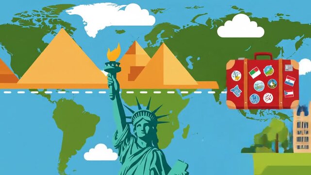 Illustrated travel concept suitcase with stickers world map and landmarks