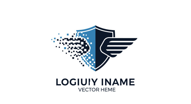 Digital security shield with wings and pixelated effect.