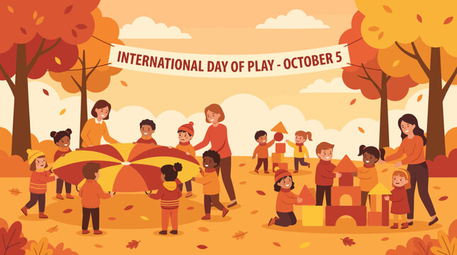 Children and Teachers Celebrating International Day of Play in Autumn