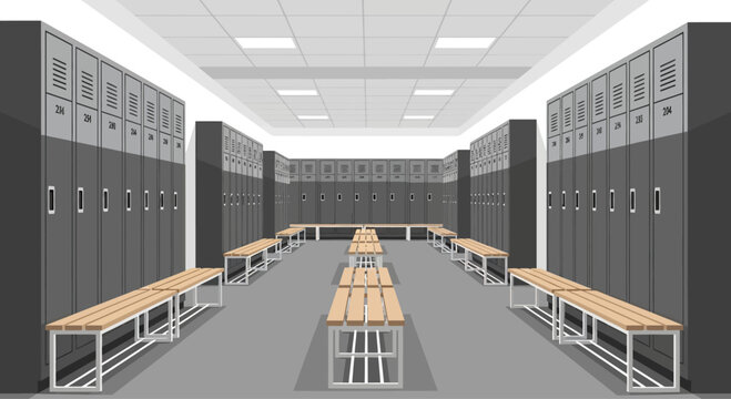 Empty modern locker room with rows of lockers and wooden benches.