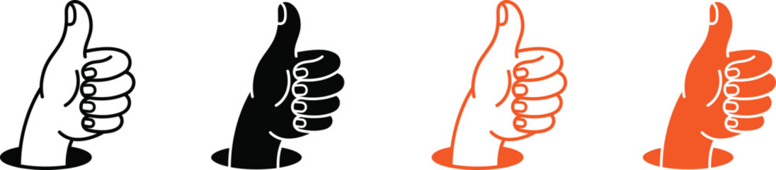 Four thumbs up hand gestures in minimalist line art style ©  vector icon