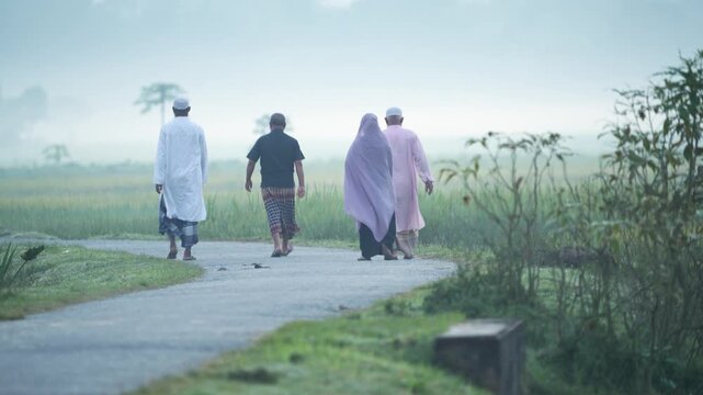 Bogura, Bangladesh - 16 May 2026: View of people in traditional attire walking along a rural road through misty green fields.