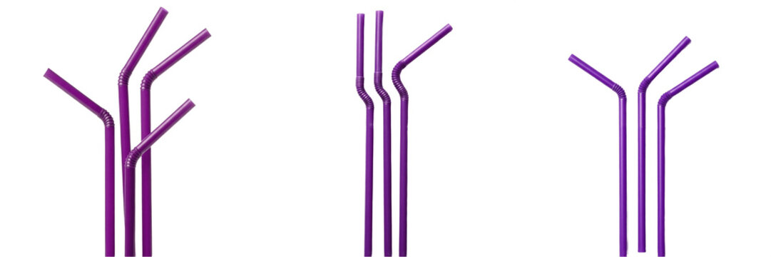 Set of Flexible Purple Drinking Straws Isolated on White Background, Assorted Bendable Plastic Straws for Parties and Beverages, High Resolution PNG Graphic Asset for Food and Drink Design