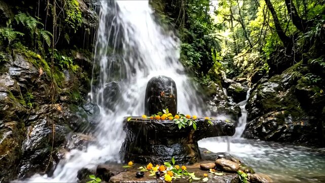 A black stone shiva linga stands under a rushing waterfall in a lush green forest.