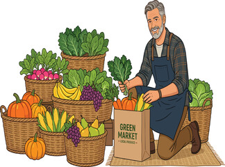 Smiling mature male farmer packing fresh organic vegetables, and fruits in paper bag at green local market vector © Moksedul