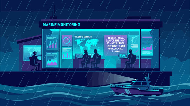 Marine monitoring center tracking illegal fishing in stormy sea