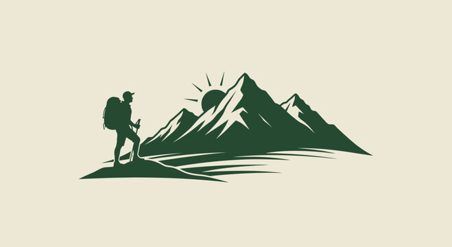 Hiker climbing mountain with backpack.