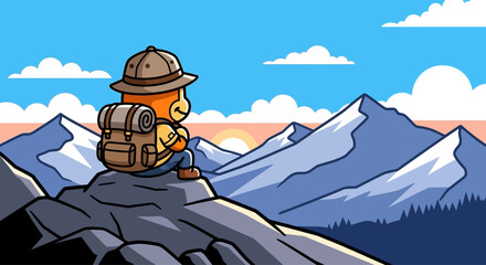 Cartoon bear sitting on mountain peak. © Kelik