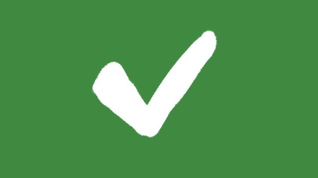 Hand-drawn white check mark icon isolated on green screen background. Minimalist approval tick symbol in scribble and squiggly sketch animation.