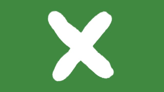 Chalk cross mark icon isolated on green screen background with hand-drawn textured negative evaluation symbol for incorrect choice and voting rejection element concept.