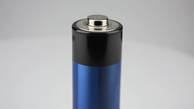 Close up shot of a rechargeable battery with a silver positive terminal and a black plastic insulator on a plain background