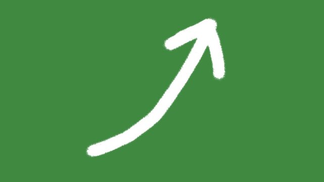 Chalk arrow pointing up isolated on green screen background with hand-drawn textured growth trend icon cartoon animation for business success and financial profit increase element concept.