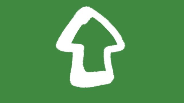 Chalk thick arrow up isolated on green screen background with hand-drawn textured bold directional icon for data upload and system interface element concept.