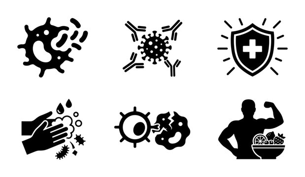 Immunity Icons: Virus, Antibodies, Shield, Hand Washing, Cells, Healthy Body, Vector Set