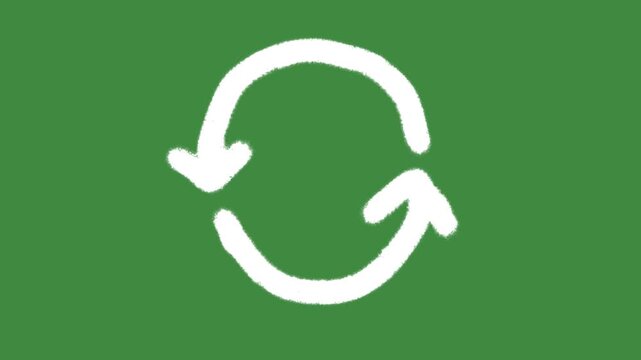 White chalk recycling loop arrows icon isolated on green chalkboard background with hand-drawn circular refresh arrow symbol cartoon animation for sustainable cycle and reuse element concept.