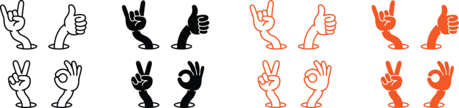 Hand gestures collection thumbs up rock on peace okay signs