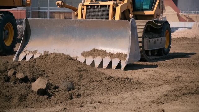 Construction bulldozer clearing dirt and debris on a building site with a clear blue sky in the background