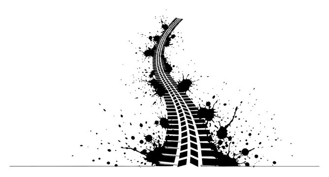 Tire track mark with dirty mud splatters and ink splashes graphic vector design