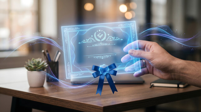 Hand presenting a glowing blue certificate with ribbon above a desk in a formal recognition and education scene