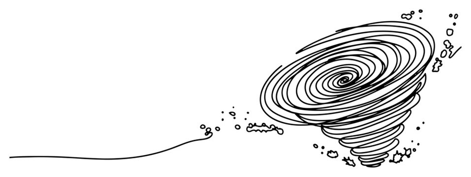 Tornado whirlwind storm funnel cloud in black and white line art style